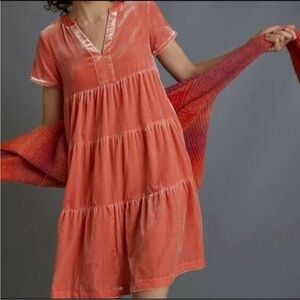 Anthropologie Maeve Creamsicle Velvet Babydoll Dress